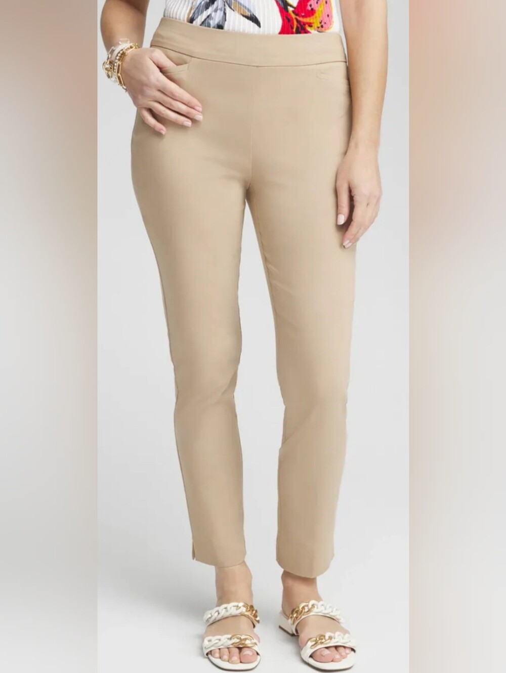 Chico's Travelers Slim Ankle Pants Beige Stretch Rayon Comfy Fit Pull On 2.5/14